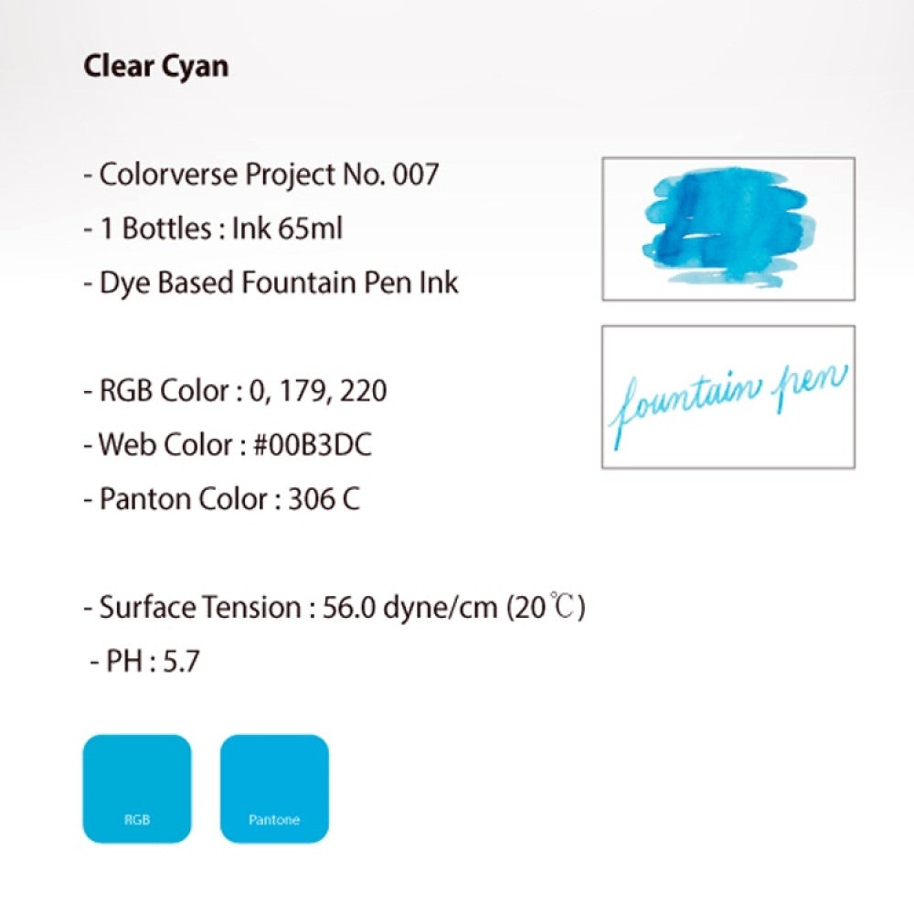 Colorverse | Project Series | Fountain Pen Ink | Clear Cyan | 65ml - Aarcaai