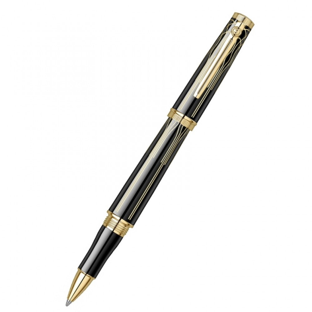 Scrikss Heritage 23k Gold Plated Engraved Design Rollerball Pen | Glossy Black
