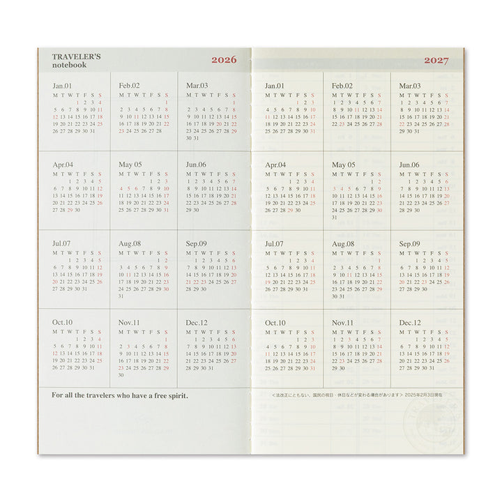 Traveler's Company Notebook Refill 2026 Weekly + Memo - A5-
