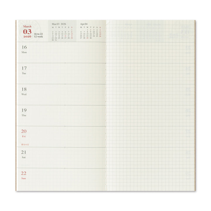 Traveler's Company Notebook Refill 2026 Weekly + Memo - A5-