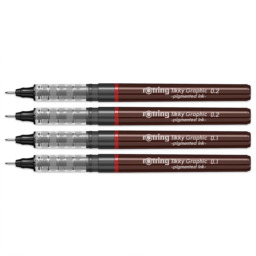 Rotring Tikky Graphic Pigment Liner 0.1mm &amp; 0.2mm Pens - 2 Each With Black Pigmented Ink, Fibre Tip, 4 Pen Set for Art Drawings Mandala Calligraphy Outline Art &amp; Craft
