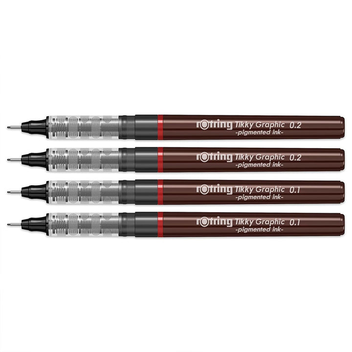 Rotring Tikky Graphic Pigment Liner 0.1mm &amp; 0.2mm Pens - 2 Each With Black Pigmented Ink, Fibre Tip, 4 Pen Set for Art Drawings Mandala Calligraphy Outline Art &amp; Craft