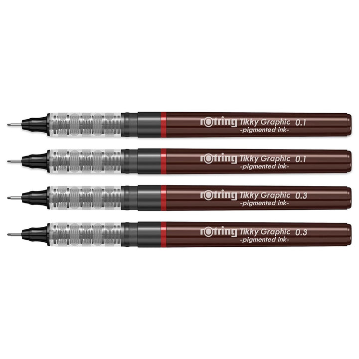 Rotring Tikky Graphic Pigment Liner 0.1mm &amp; 0.3mm Pens - 2 Each With Black Pigmented Ink, Fibre Tip, 4 Pen Set for Art Drawings Mandala Calligraphy Outline Art &amp; Craft