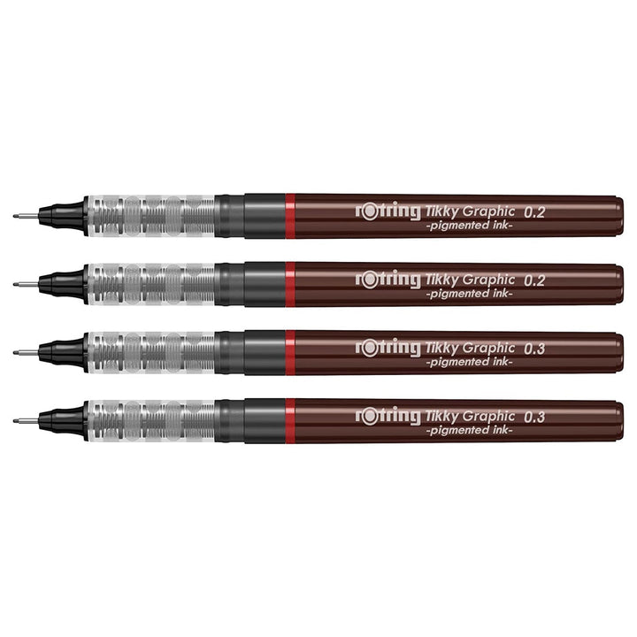 Rotring Tikky Graphic Pigment Liner 0.2mm &amp; 0.3mm Pens - 2 Each With Black Pigmented Ink, Fibre Tip, 4 Pen Set for Art Drawings Mandala Calligraphy Outline Art &amp; Craft
