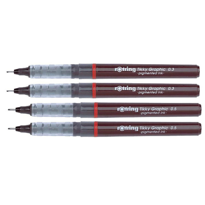 Rotring Tikky Graphic Pigment Liner 0.3mm &amp; 0.5mm Pens - 2 Each With Black Pigmented Ink, Fibre Tip, 4 Pen Set for Art Drawings Mandala Calligraphy Outline Art &amp; Craft