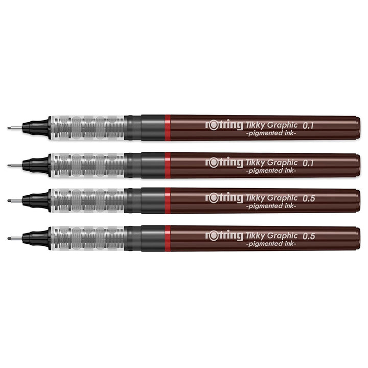 Rotring Tikky Graphic Pigment Liner 0.1mm &amp; 0.5mm Pens - 2 Each With Black Pigmented Ink, Fibre Tip, 4 Pen Set for Art Drawings Mandala Calligraphy Outline Art &amp; Craft