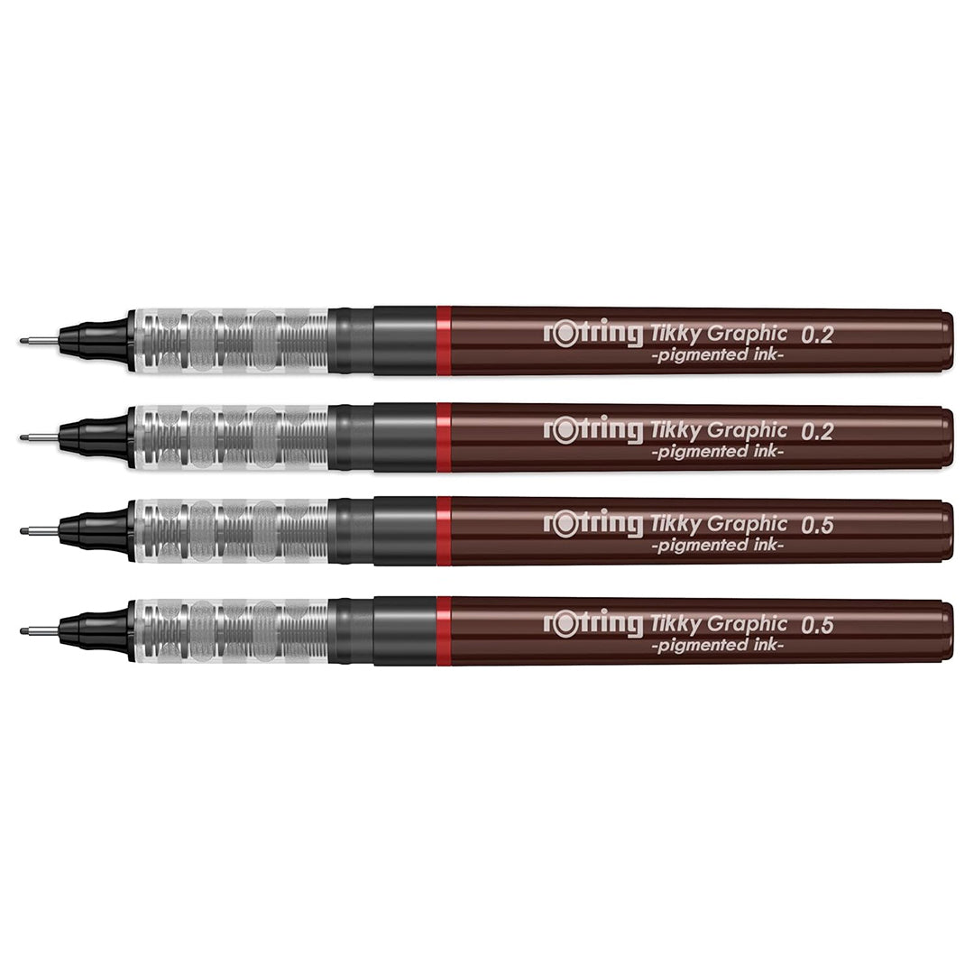 Rotring Tikky Graphic Pigment Liner 0.2mm &amp; 0.5mm Pens - 2 Each With Black Pigmented Ink, Fibre Tip, 4 Pen Set for Art Drawings Mandala Calligraphy Outline Art &amp; Craft
