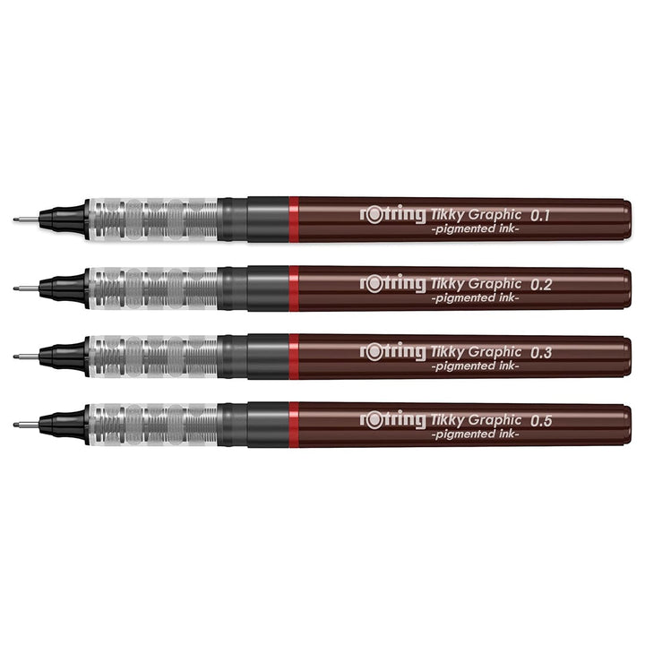 Rotring 0.5mm Line Thickness Tikky Graphic Fineliner with Black Pigmented Lightfast And Water Resistant Ink For Long Life Drawings, Sketching, Non-Refillable, 4 Pen Set