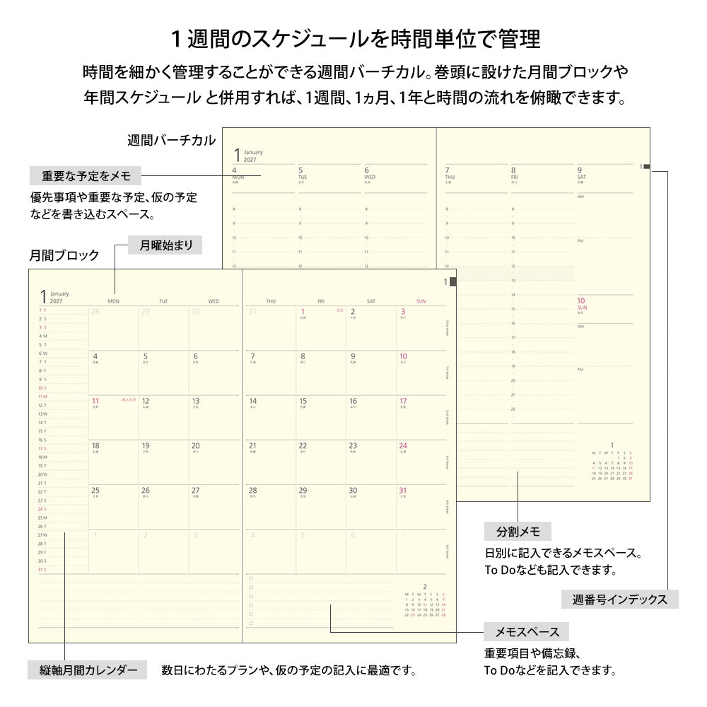 Midori Professional Diary PRD Weekly Vertical Black 2027 - Slim