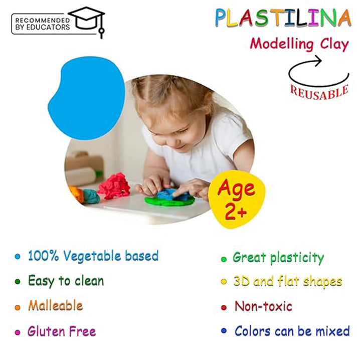 Jovi Plastilina Lilac Dark Blue Light Green Yellow Orange Red Non-Drying Non-Toxic Modelling Clay for Art &amp; Craft Pack of 6 Bars 50gms Each Fine Motor Skills Moulding Pottery Sculpting with Dough