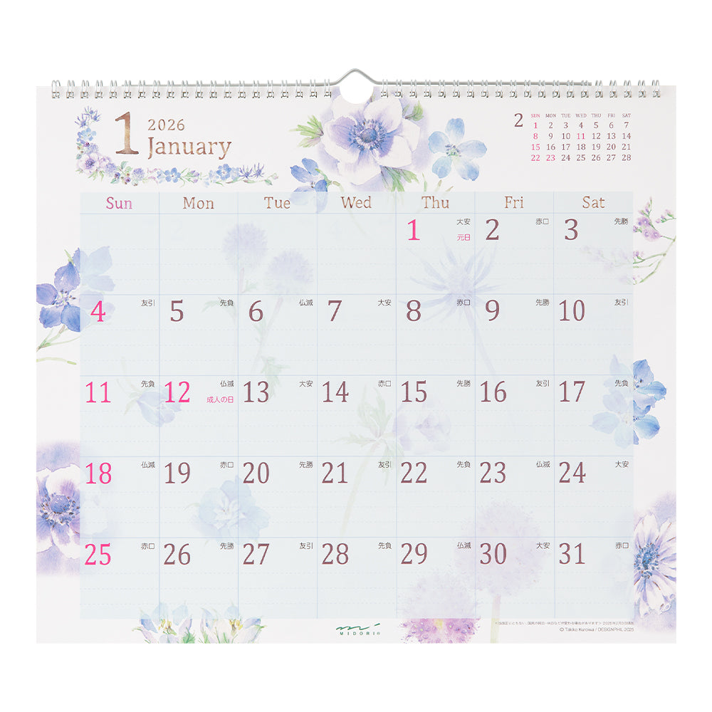 Midori Calendar Wall-Hanging L Country Time Flower 2026