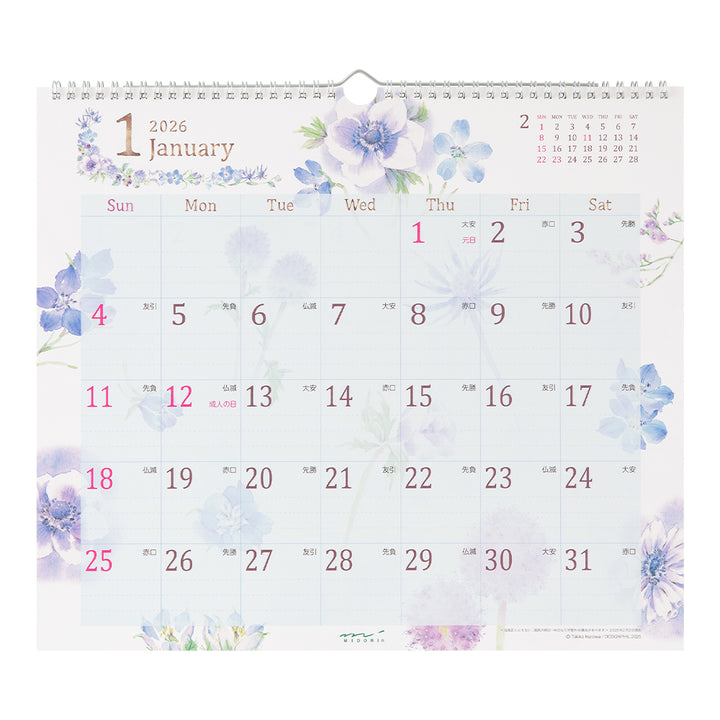 Midori Calendar Wall-Hanging L Country Time Flower 2026
