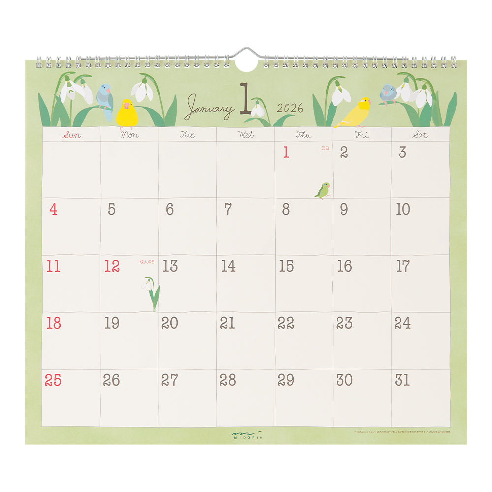 Midori Calendar Wall-Hanging L Birds 2026