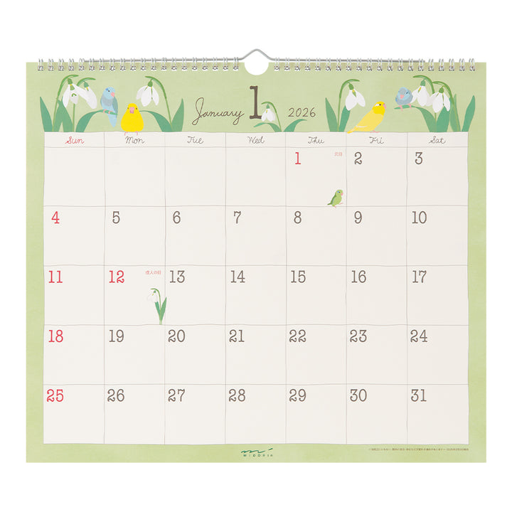 Midori Calendar Wall-Hanging L Birds 2026
