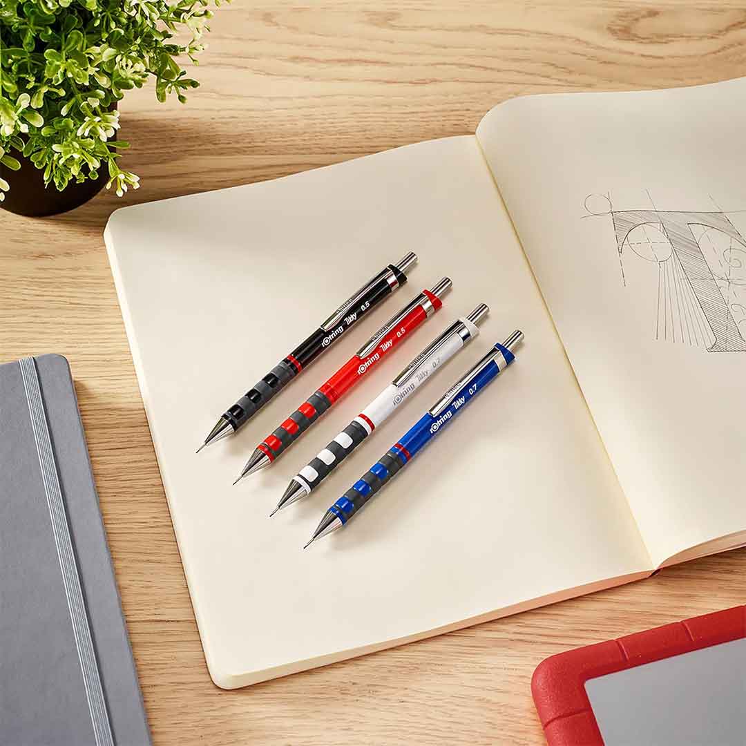 Rotring | Tikky | Mechanical Pencil, Ballpoint, Eraser &amp; Lead Refills Set | HB Lead, 0.5 mm Pencil | Medium Point Pen | Black Barrel | Lightweight with Rubberised Grip
