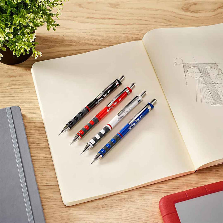 Rotring | Tikky | Mechanical Pencil, Ballpoint, Eraser &amp; Lead Refills Set | HB Lead, 0.5 mm Pencil | Medium Point Pen | Black Barrel | Lightweight with Rubberised Grip