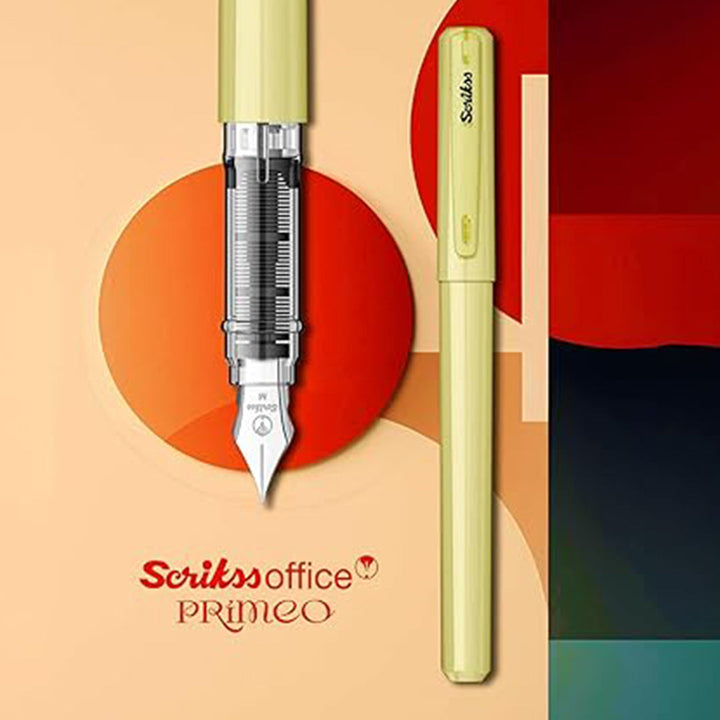 Scrikss Primeo Medium Nib Fountain Pen | 3 Cartridges Included | Stainless Steel Nib &amp; ABS Body | Kiwi Green | in Blister Pack