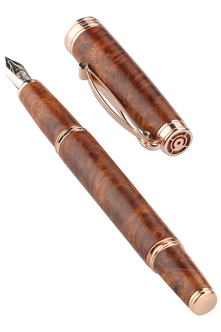 Cleo Skribent | Natura | Fountain Ink Pen with Ink Pot | 18K Gold Bicolour Nib | Amboyna Burl Body of Hardwood | Rose Gold-Plated Trims