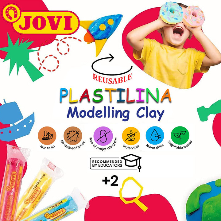 Jovi Plastilina Lilac Dark Blue Light Green Yellow Orange Red Non-Drying Non-Toxic Modelling Clay for Art &amp; Craft Pack of 6 Bars 50gms Each Fine Motor Skills Moulding Pottery Sculpting with Dough