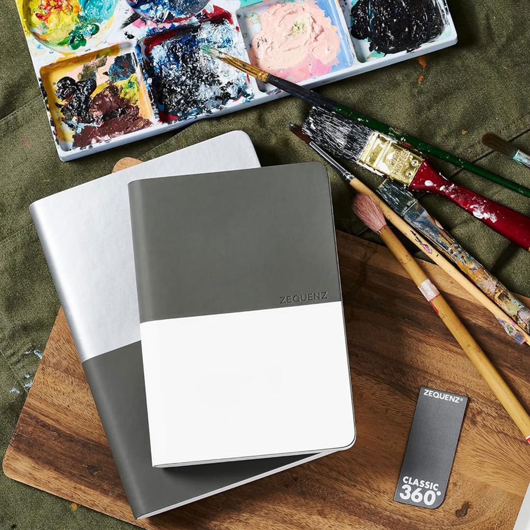 Zequenz A5 &amp; A6 Size Notebook Set Pack of 2 Squared &amp; Blank Acid Free Paper 400 Pages Each Book 70GSM 360 Degree Flexibility 100% Handmade Basic Plus Series Silver Grey Book