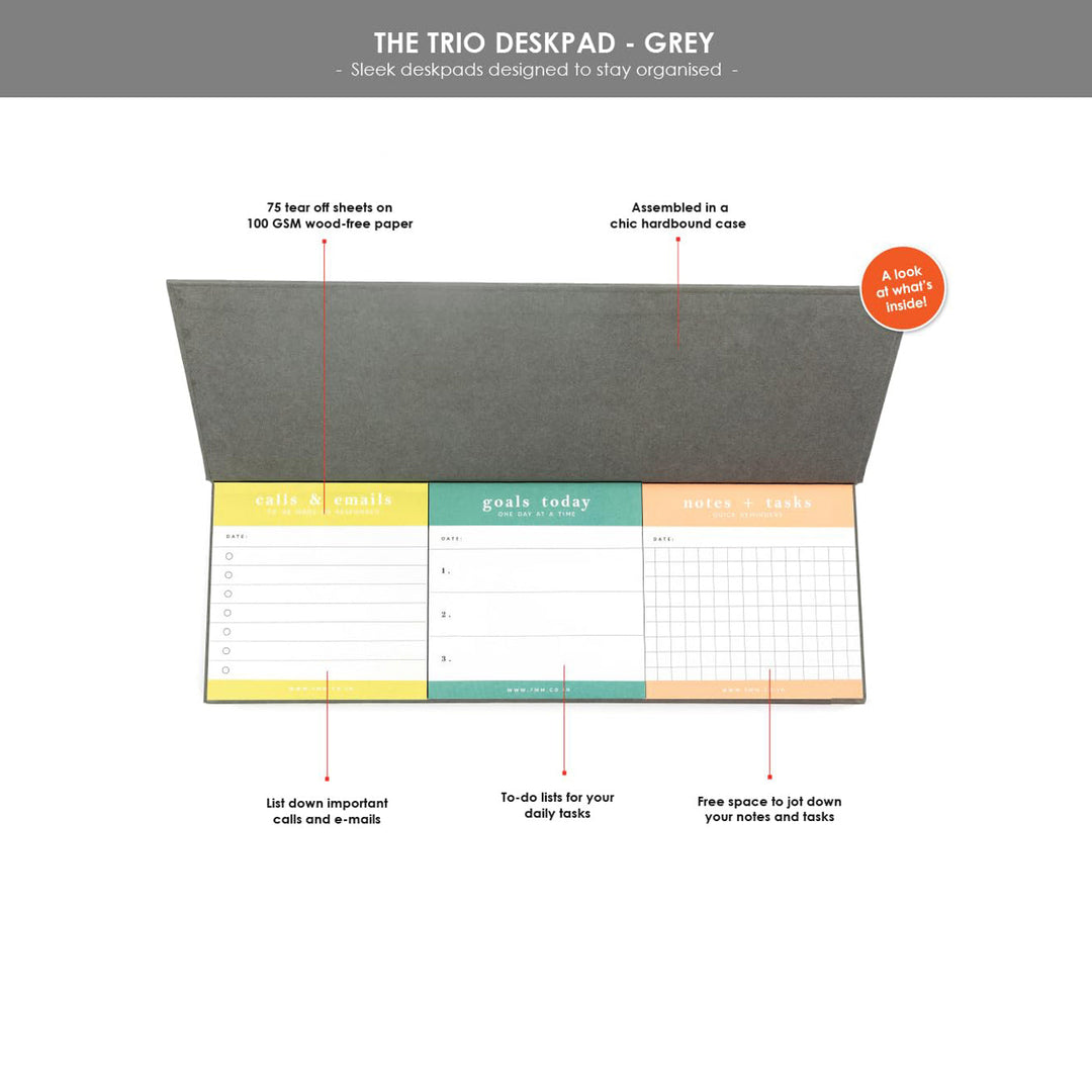 7mm Between the Lines | Trio Desk Pad | Grey | Printed Hardbound Notepad