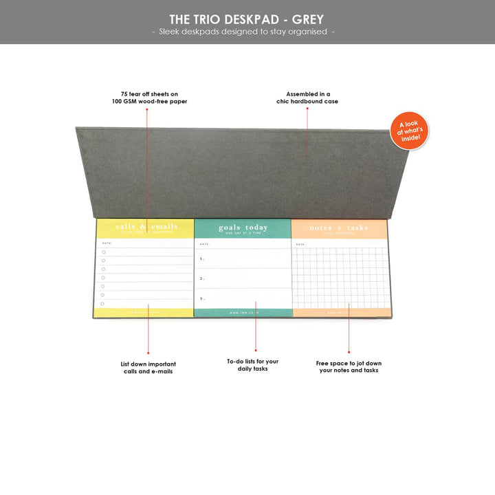 7mm Between the Lines | Trio Desk Pad | Grey | Printed Hardbound Notepad