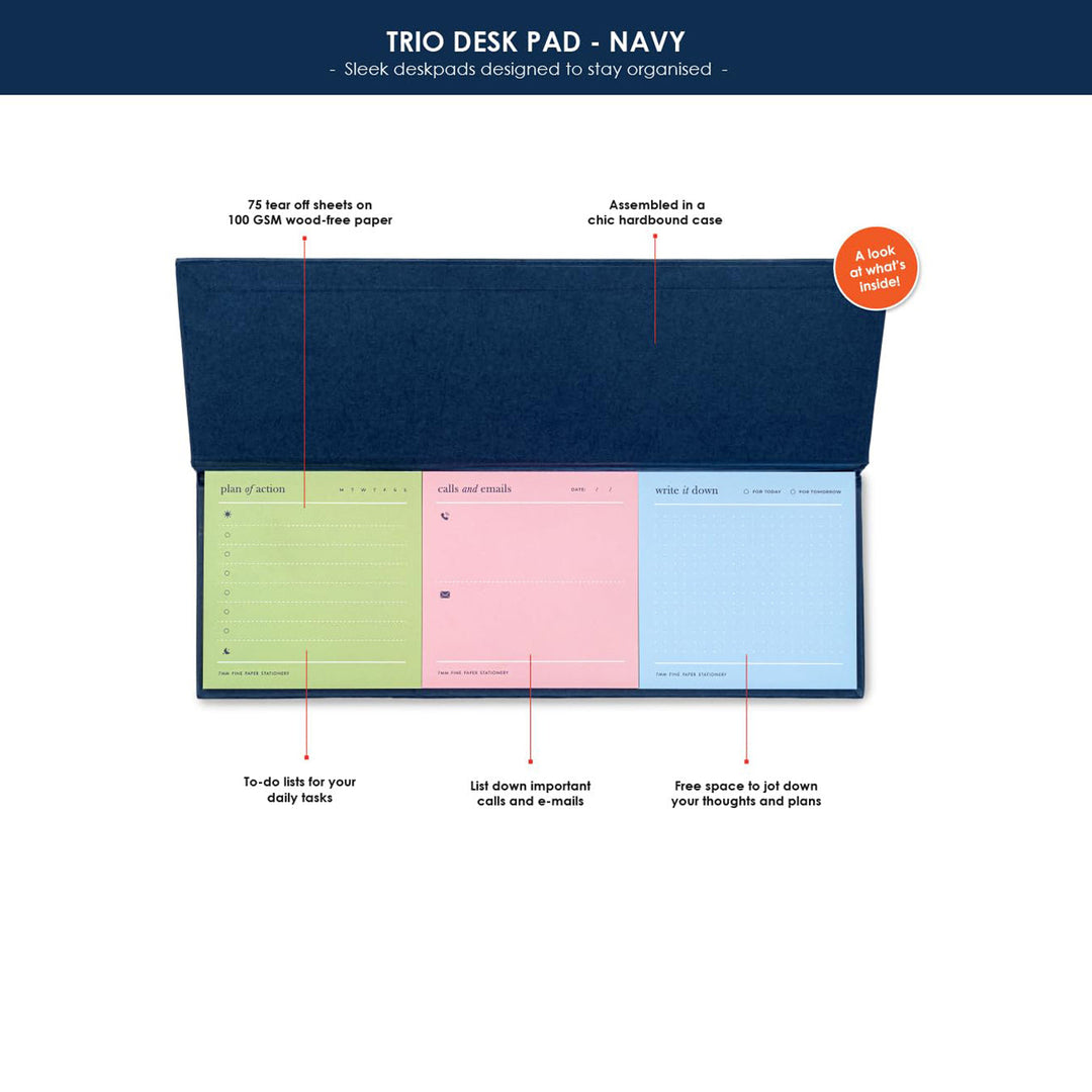 7mm Between the Lines | Trio Desk Pad Navy | 75 Leaves | Printed Hardbound Notepad