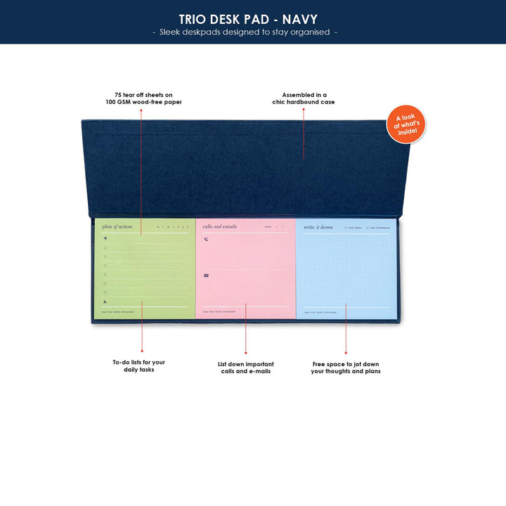 7mm Between the Lines | Trio Desk Pad Navy | 75 Leaves | Printed Hardbound Notepad