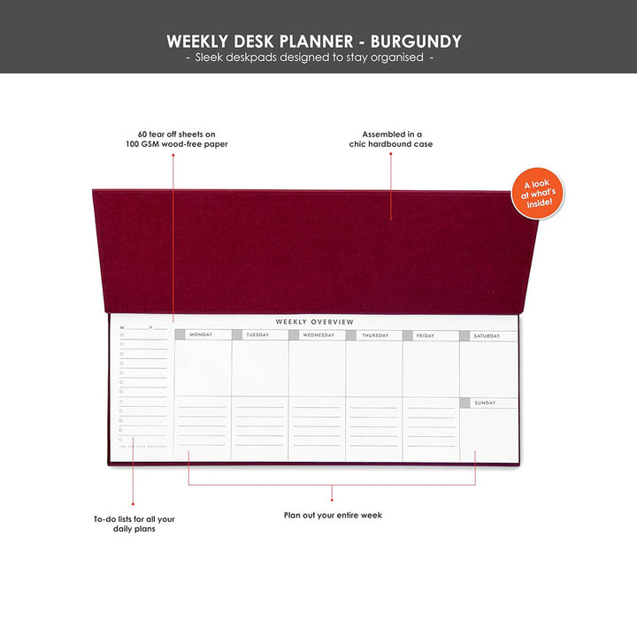 7mm Between the Lines | Undated Weekly Desk Planner | Burgundy | Printed Hardbound Notepad | 60 Leaves
