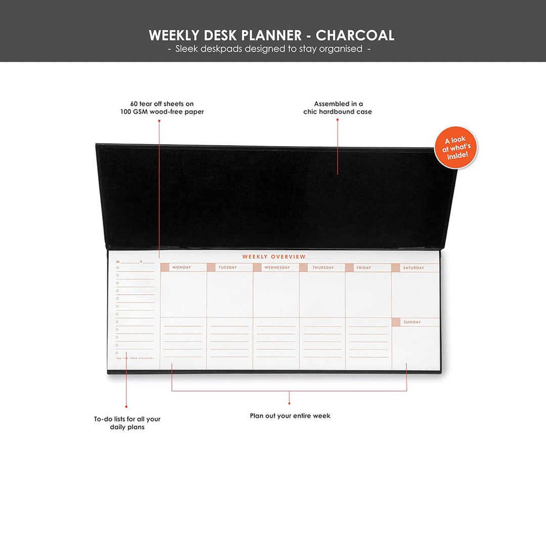 7mm Between the Lines | Undated Weekly Desk Planner | Charcoal | Printed Hardbound Notepad | 60 Leaves