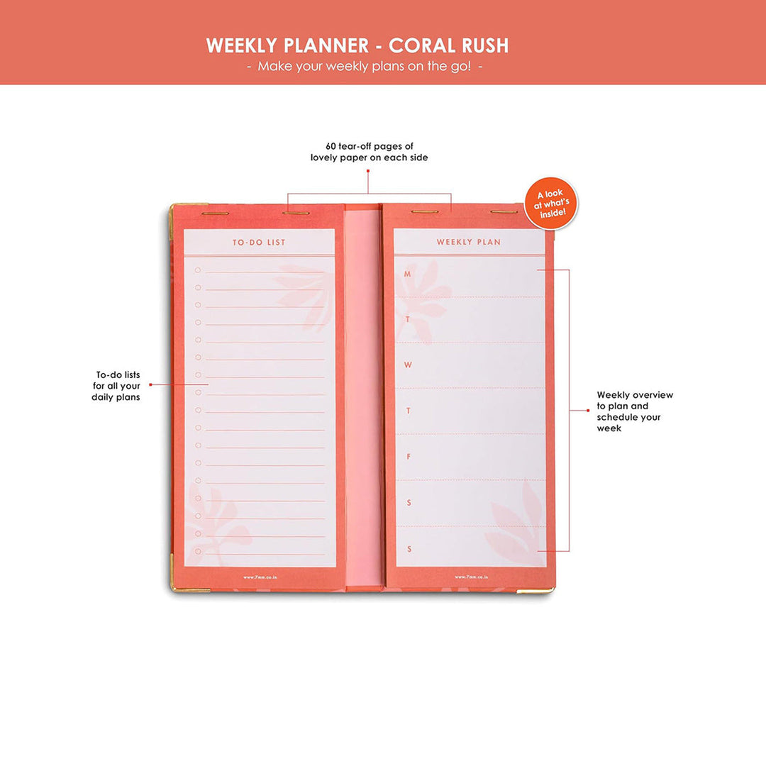 7mm Between the Lines | Weekly Planner | Coral Rush | Printed Hardbound Notepad | 120 Leaves