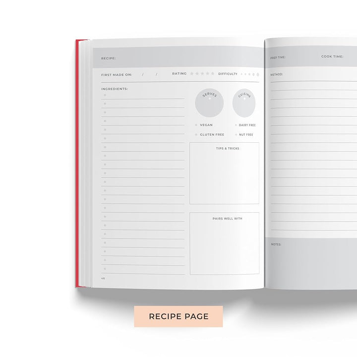 7mm Recipe Journal | Cheese and Wine | A5 Size | 4 Sticker sheets | Hardbound and Laminated | Red