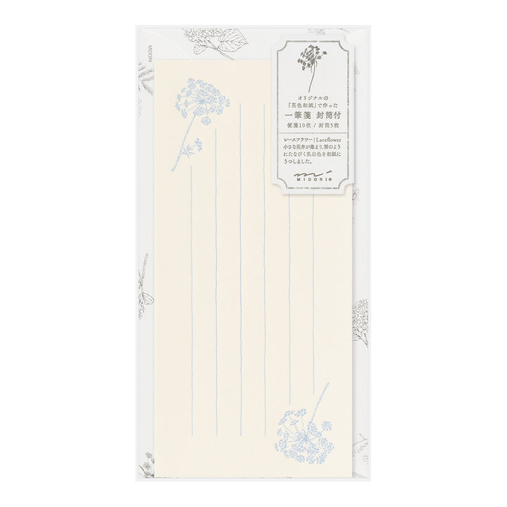 Midori Message Letter Set with Envelope Floral Washi Paper - White