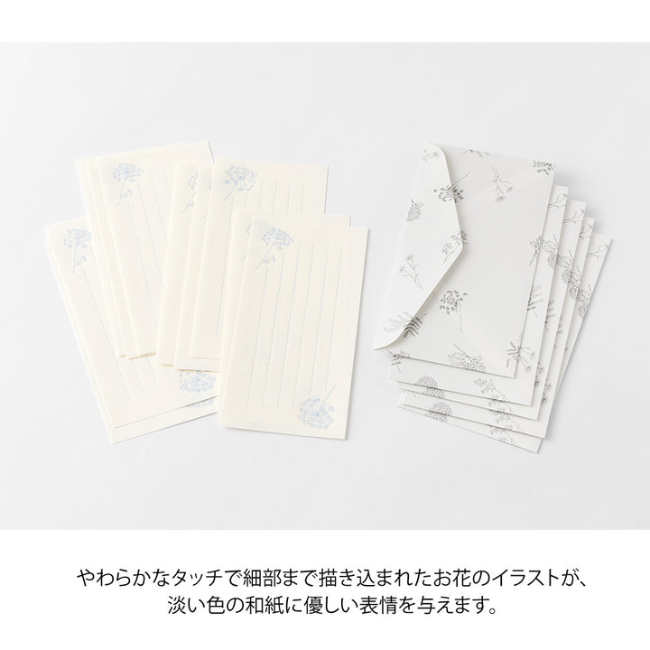 Midori Message Letter Set with Envelope Floral Washi Paper - White