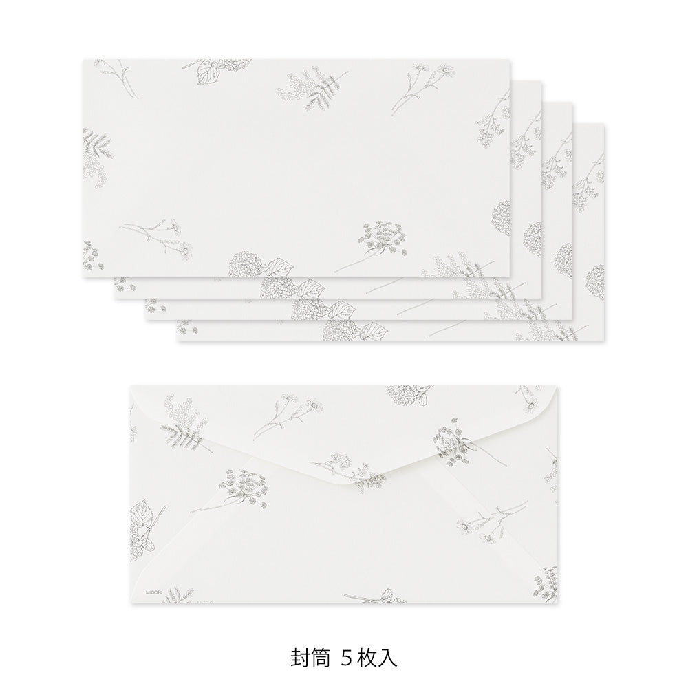Midori Message Letter Set with Envelope Floral Washi Paper - Green