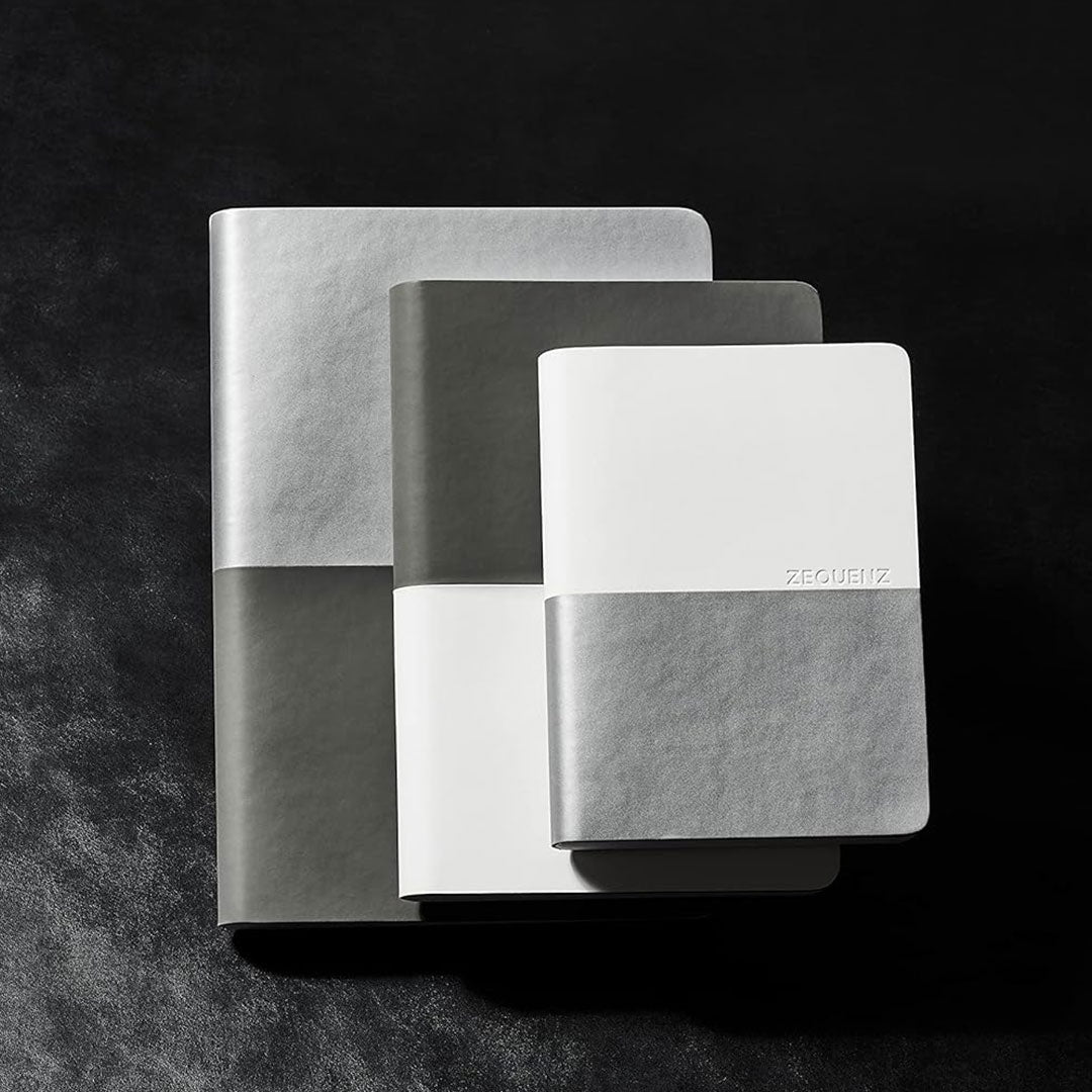 Zequenz A5 &amp; A6 Size Notebook Set Pack of 2 Squared &amp; Blank Acid Free Paper 400 Pages Each Book 70GSM 360 Degree Flexibility 100% Handmade Basic Plus Series Silver Grey Book