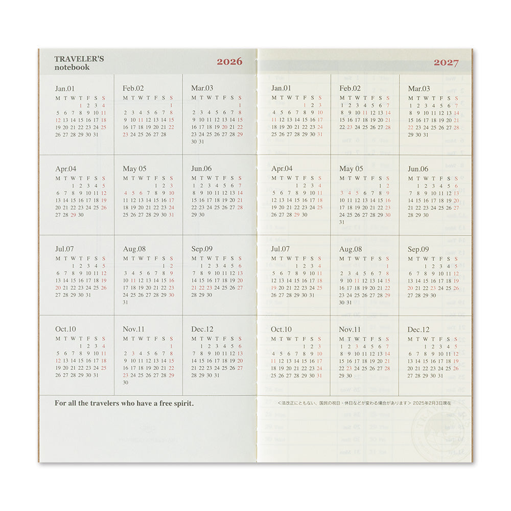 Traveler's Company Notebook Refill 2026 Weekly + Memo Second Half - A5-