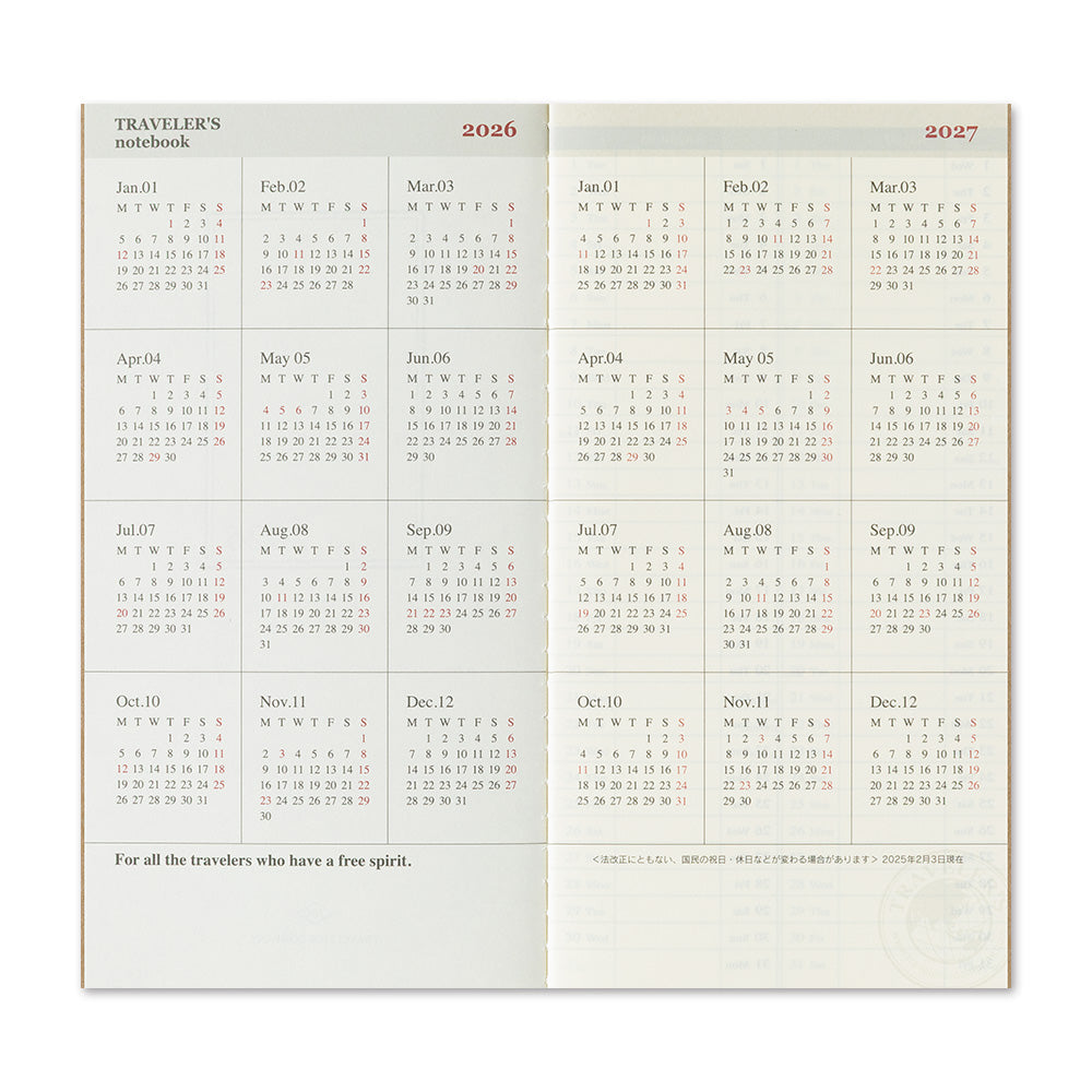 Traveler's Company Notebook Refill 2026 Weekly Vertical Second Half - A5-