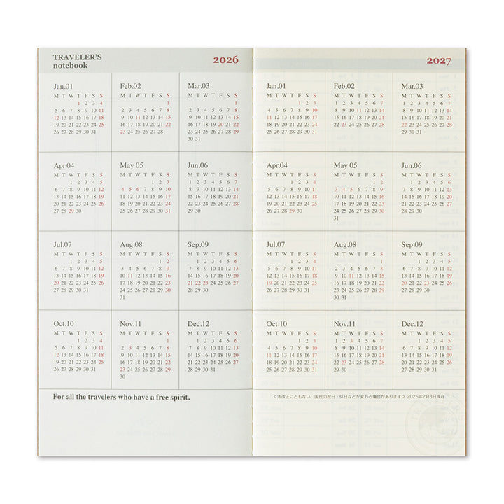 Traveler's Company Notebook Refill 2026 Weekly Vertical Second Half - A5-