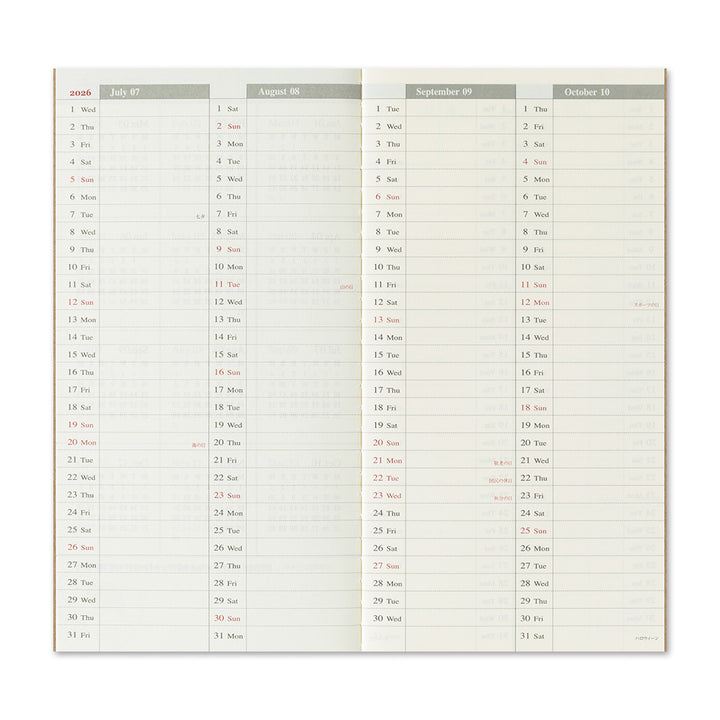 Traveler's Company Notebook Refill 2026 Weekly Vertical Second Half - A5-