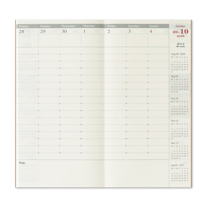 Traveler's Company Notebook Refill 2026 Weekly Vertical Second Half - A5-