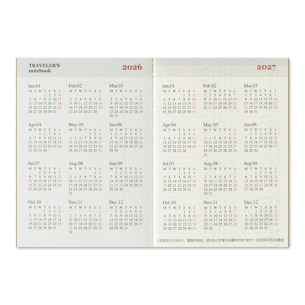 Traveler's Company Notebook Refill 2026 Weekly Second Half - Passport Size