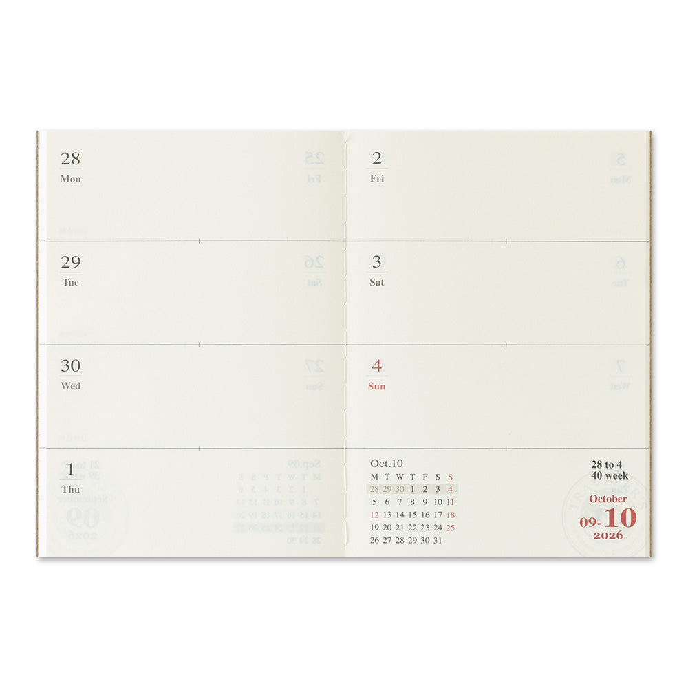 Traveler's Company Notebook Refill 2026 Weekly Second Half - Passport Size