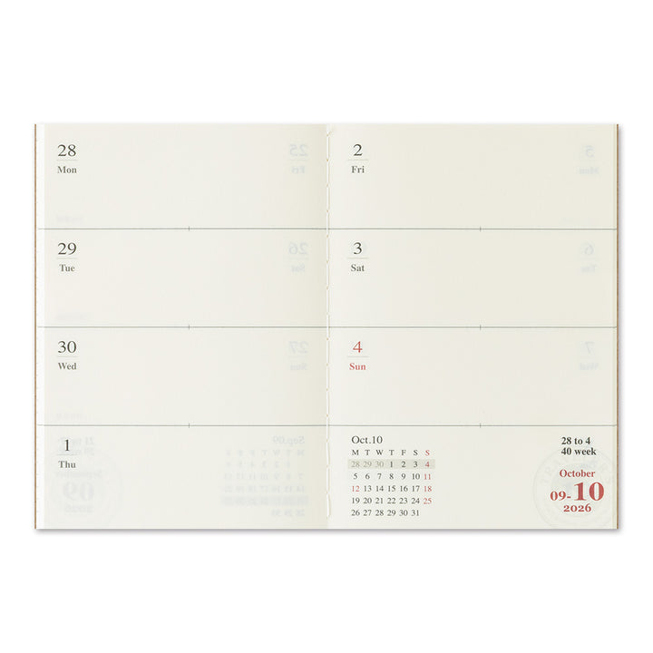 Traveler's Company Notebook Refill 2026 Weekly Second Half - Passport Size