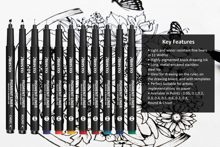 Aristo | Pigment Liner | 0.05, 0.1, 0.2, 0.3, 0.5, 0.8mm | Set of 6 pens
