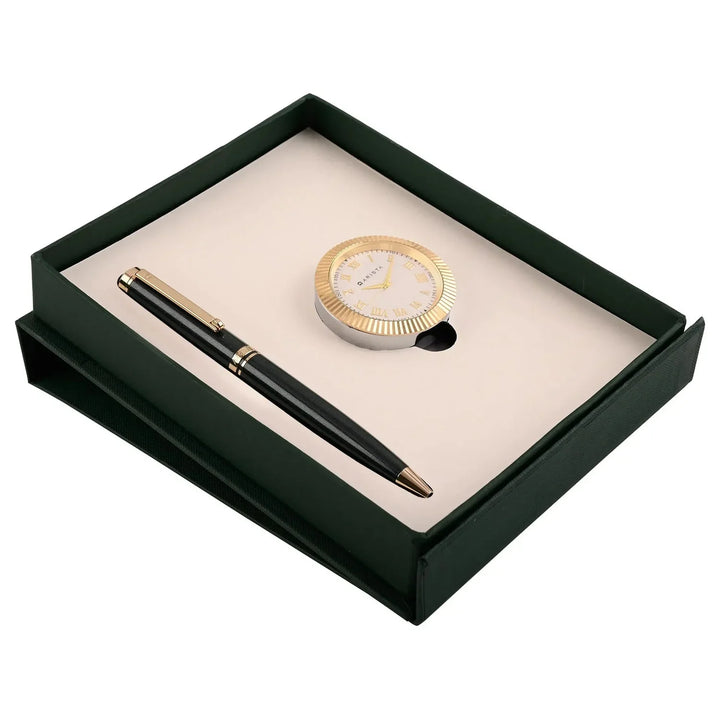 Arista | Ballpoint Pen | Black With Gold Trim | With Gold Chrome Table Clock