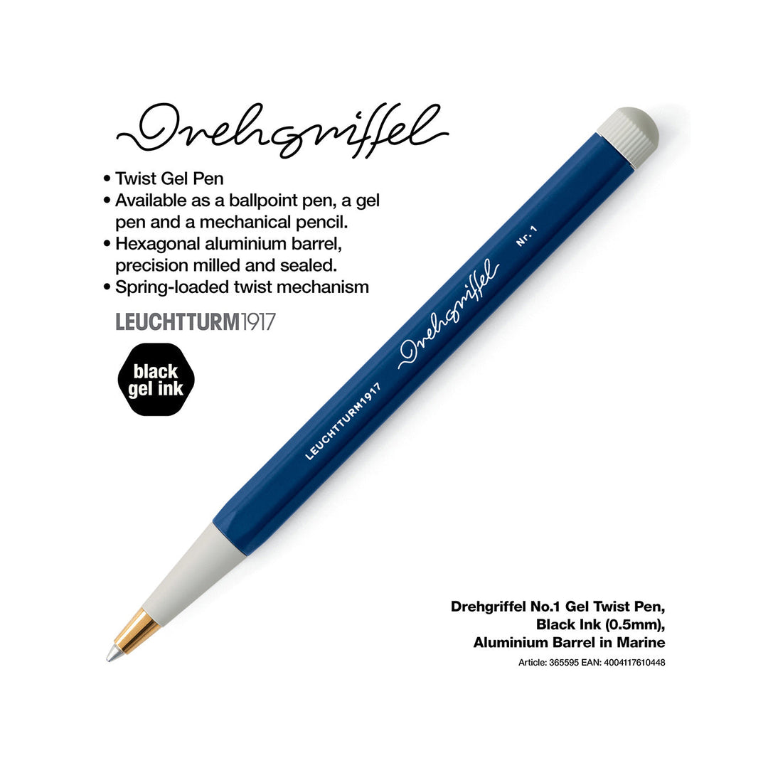 LEUCHTTURM1917 Gel Pen with Document Proof Black Ink | Drehgriffel No. 1 | Navy Blue| Twist Mechanism
