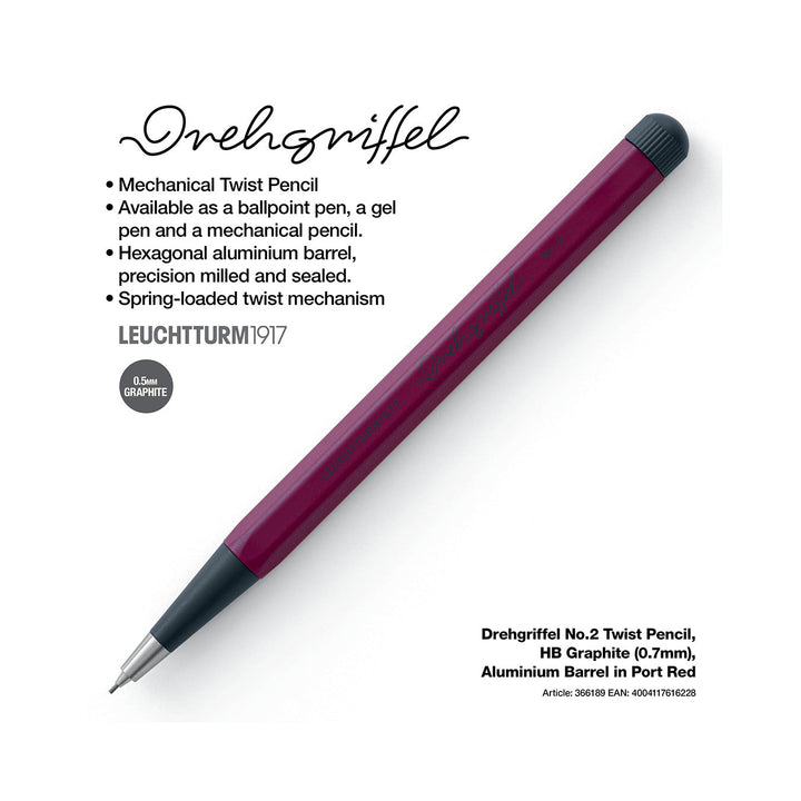 LEUCHTTURM1917 0.7mm Mechanical Clutch Pencil | Graphite HB Lead | Drehgriffel No. 2 | Port Red | Twist Mechanism