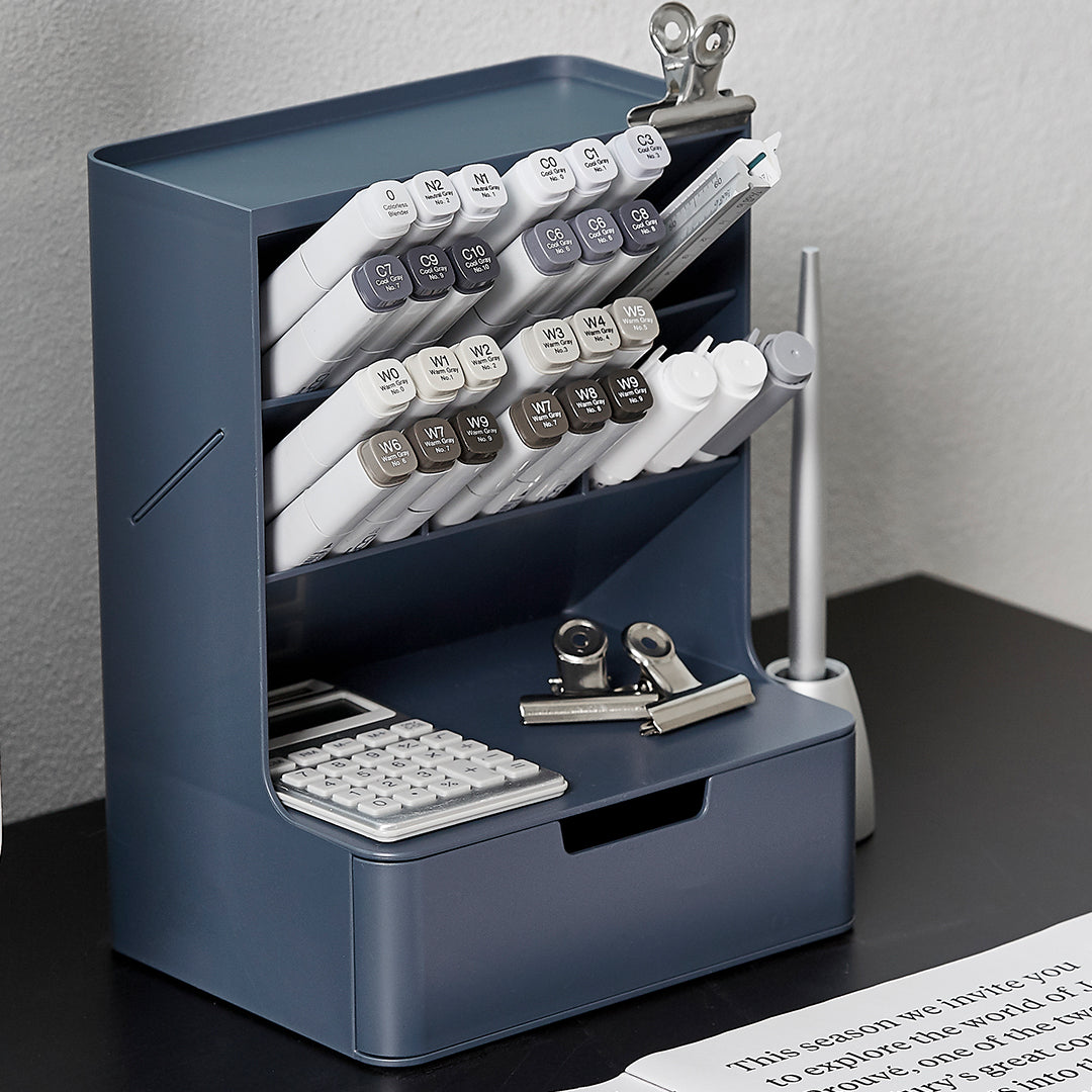 Sysmax | Hive Desk Organizer with 6 Compartments |1 Drawer| White| For Office &amp; Home