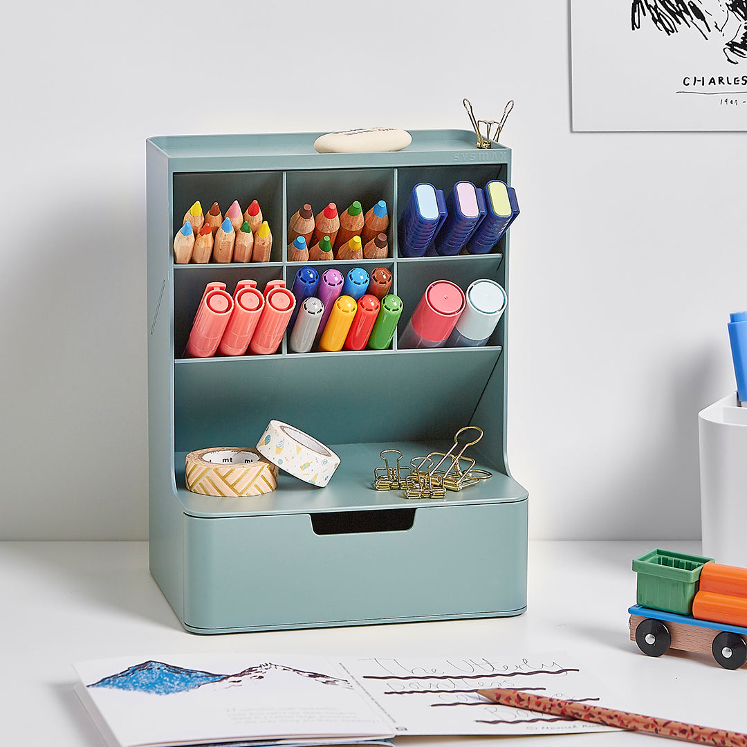 Sysmax | Hive Desk Organizer with 6 Compartments |1 Drawer| Prussian Blue| For Office &amp; Home